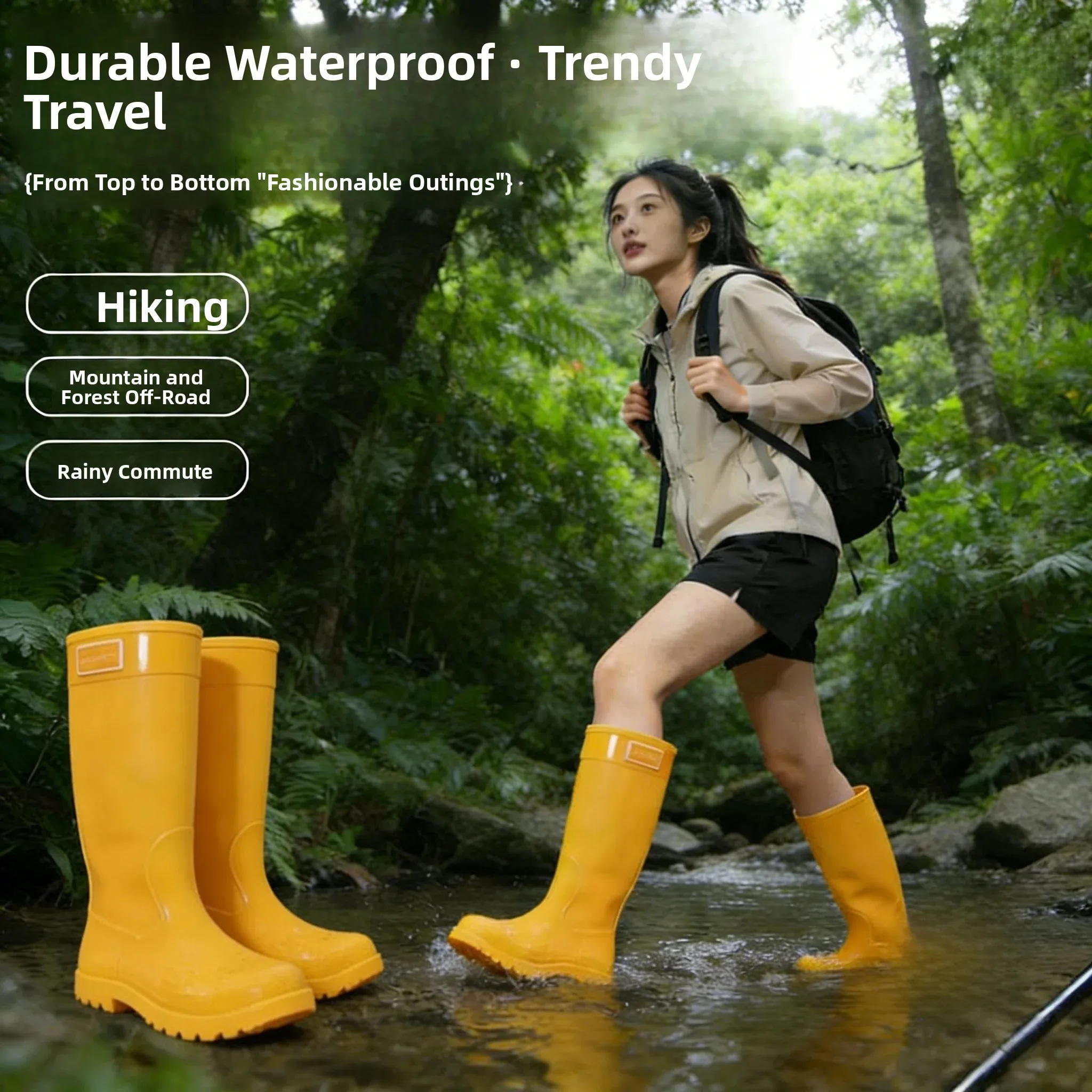 Women's High-Tube Rain Boots Outdoor Fashionable Waterproof Breathable Slip-Resistant Hiking Boots for Mountain Climbing