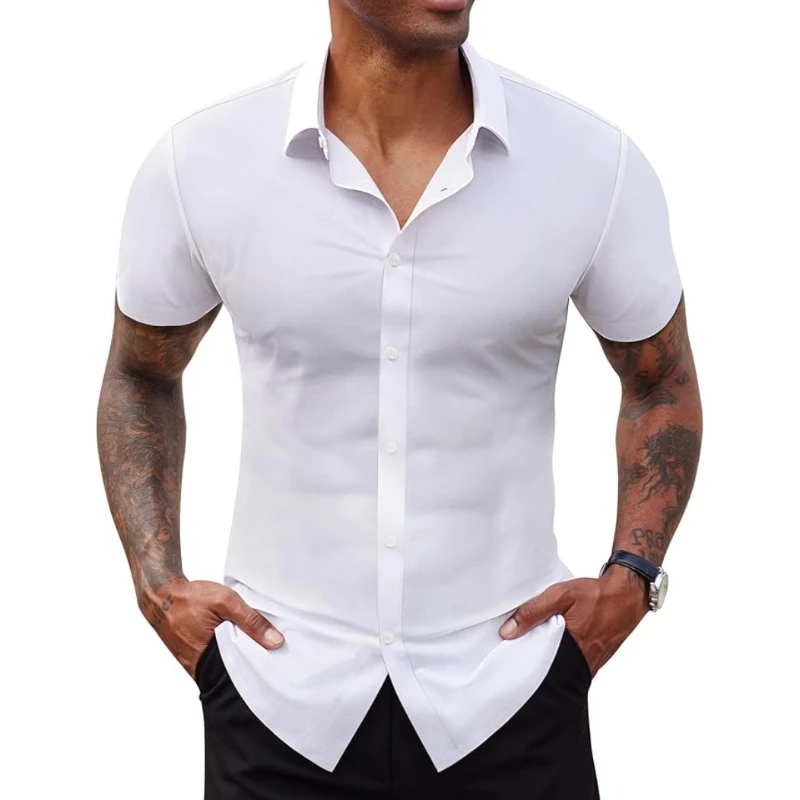 

High Quality Summer Business Shirts for Men Short Sleeve Button Wrinkle Free Elasticity Social Black Office Dress Shirts Camisas