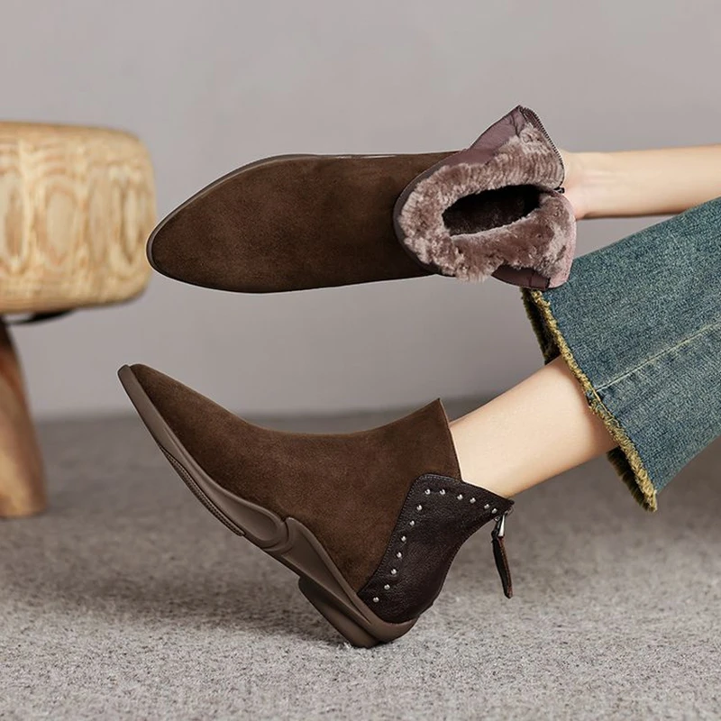 

NEW Winter Women Boots Pointed Toe Strange Heel Shoes Sheep Suede Leather Shoes for Women Zip Ankle Boots Warm Wool Modern Boots