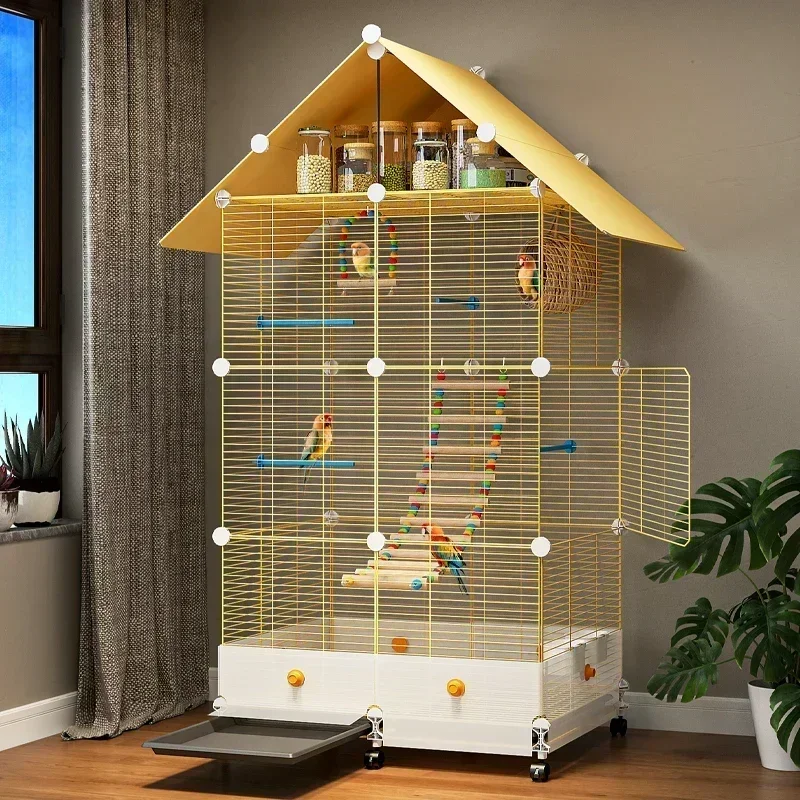 Bird Cage Parrot Cage White Yellow Three-layer Indoor Large Space Villa Style Splash-proof Solid Appearance Beautiful