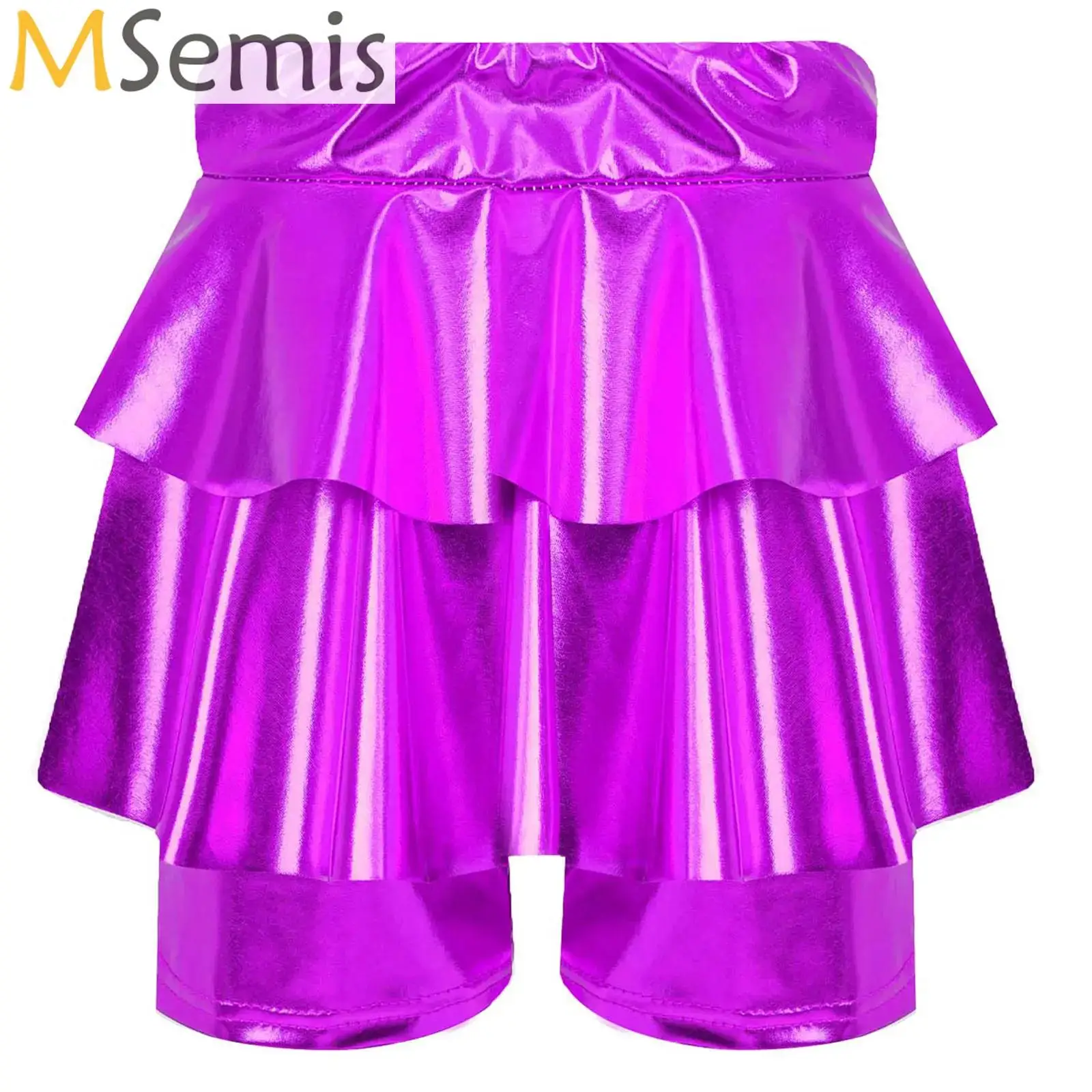 

Kids Girl Metallic Skirted Shorts High Waist Culotte Miniskirt for Cheerleading Jazz Dance Figure Skating Gymnastics Performance