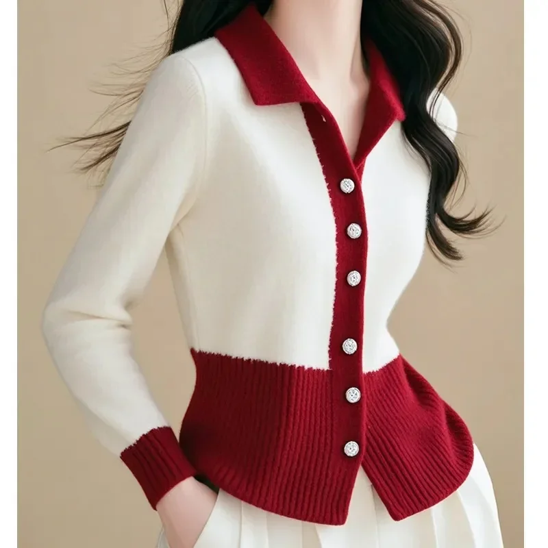 

Pop Red And White Contrasting Collar Long Sleeved Woolen Knitted Cardigan Women's Autumn And Winter Beautiful Soft And Sticky Sh