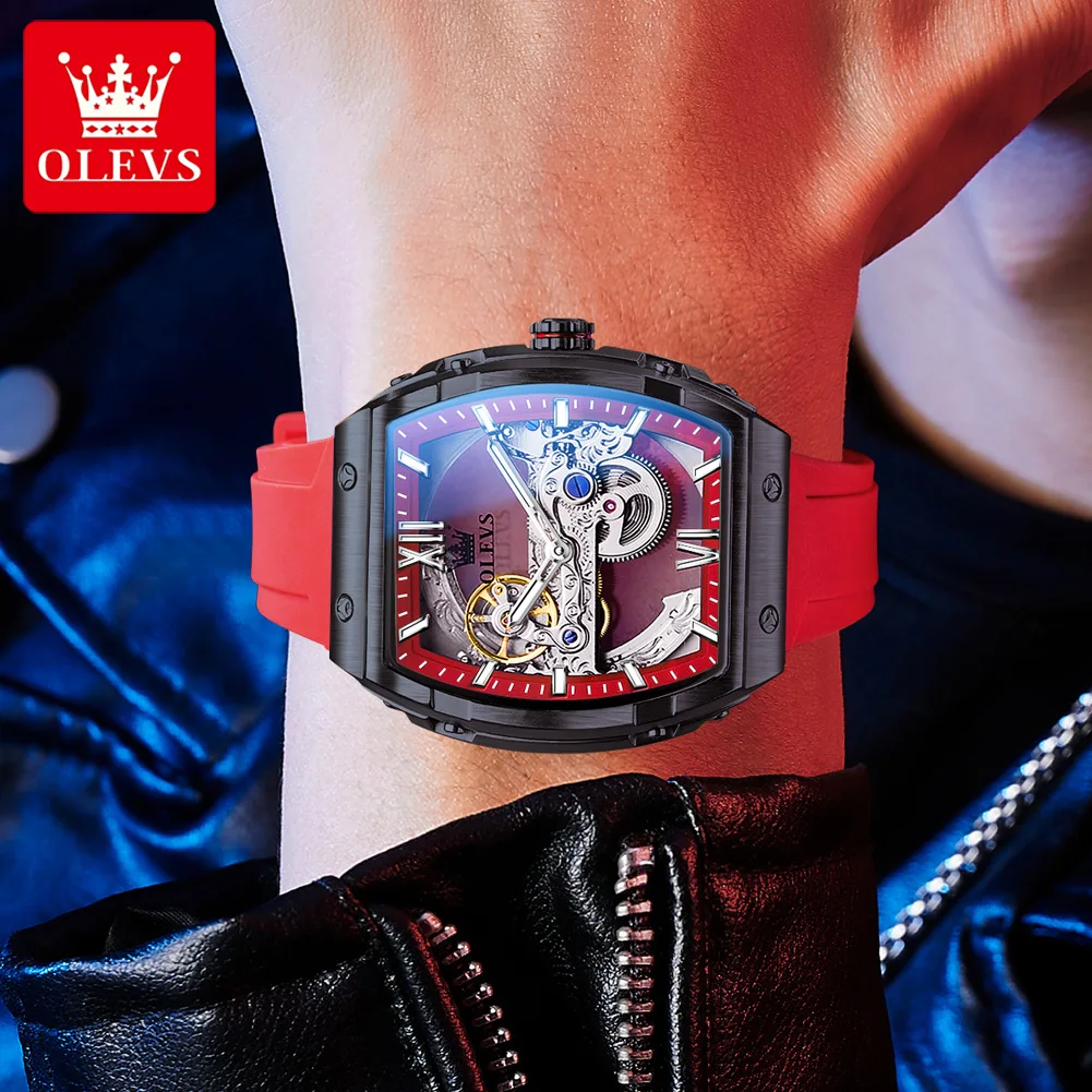 OLEVS 6779 Men Watch Translucent Core Mechanical Movement Square Case Wine Barr… - Image 2