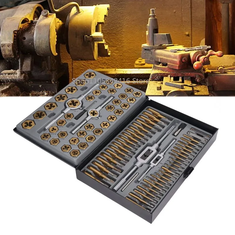 Titanium Plated Tap and Die Set, Bearing Steel Carbide Threading Rethreading Tool Kit for Daily Hand Repair Work