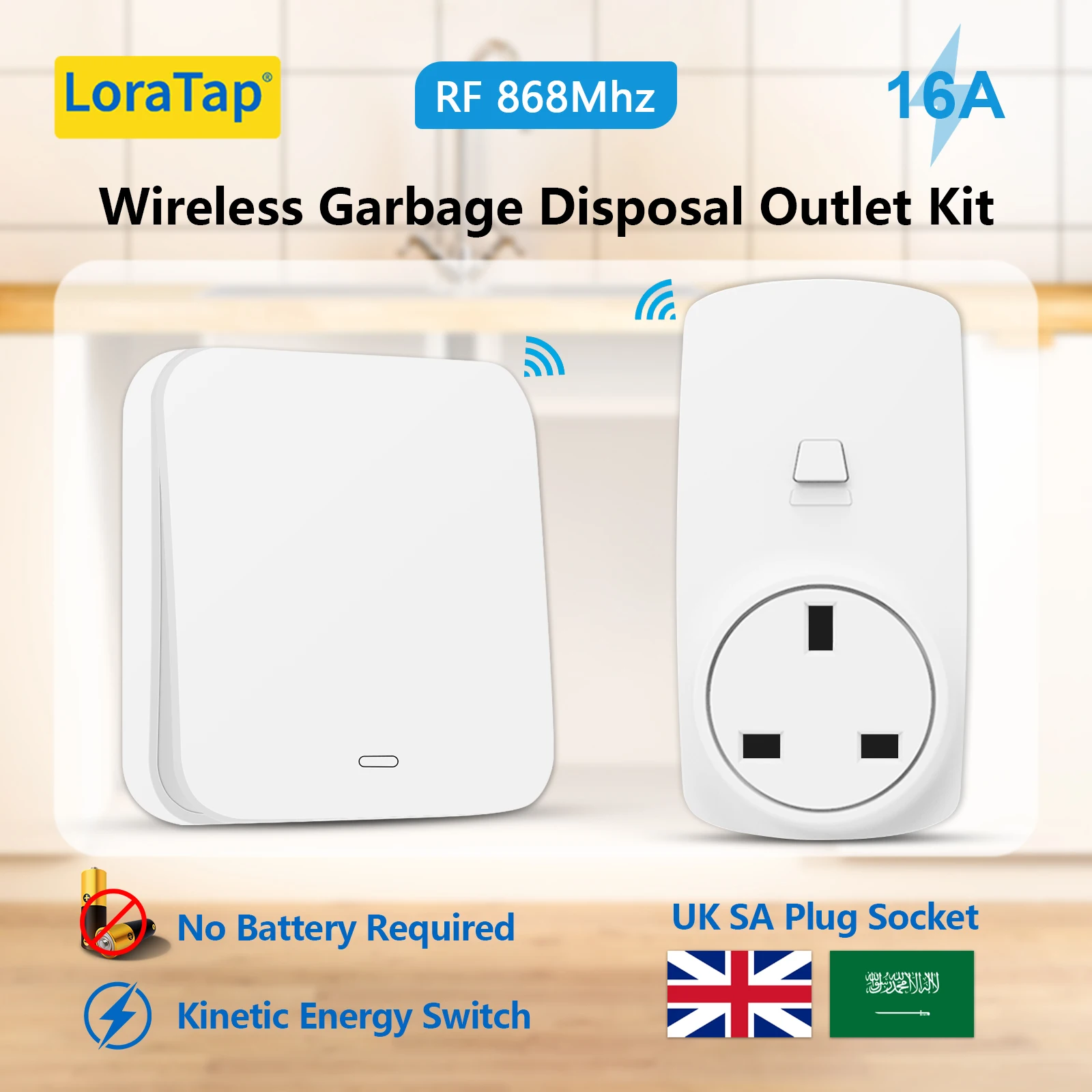 

LoraTap Wireless 16A RF UK SA Standard Plug Socket with Waterproof Kinetic Switch For Food Waste Grinder Disposer, Fan, Oven