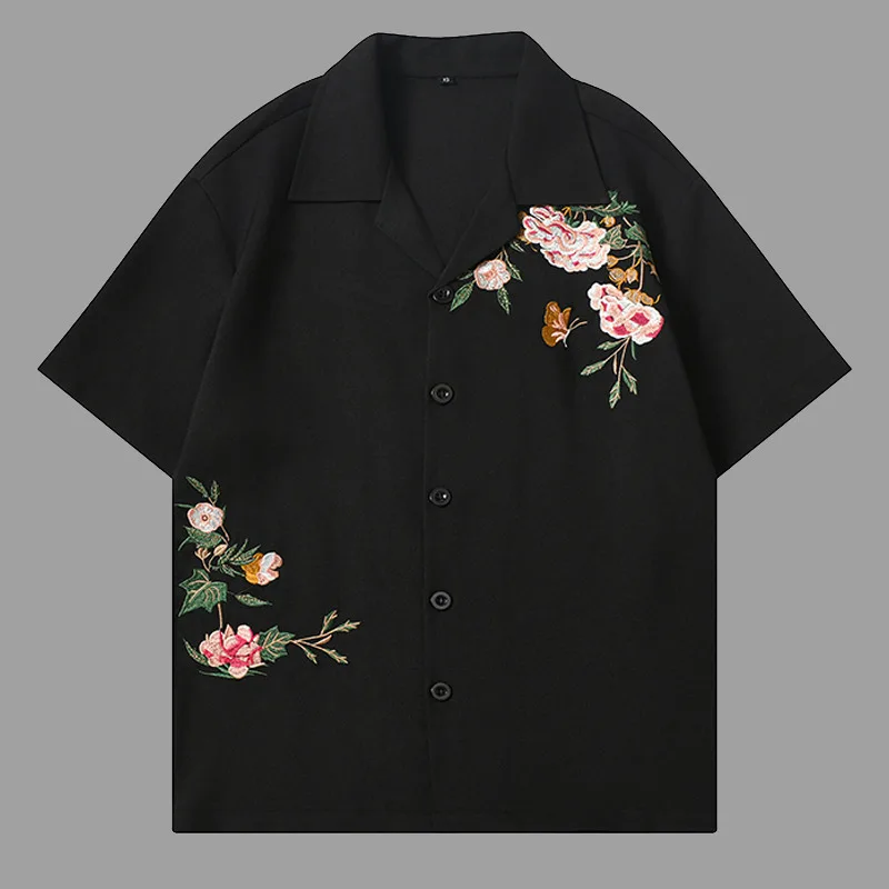 

Flower Embroidery Shirts Men Camisa Social Masculina Short Sleeve Casual Shirt Black Beige Shirt Party Dress Shirts Men Clothing