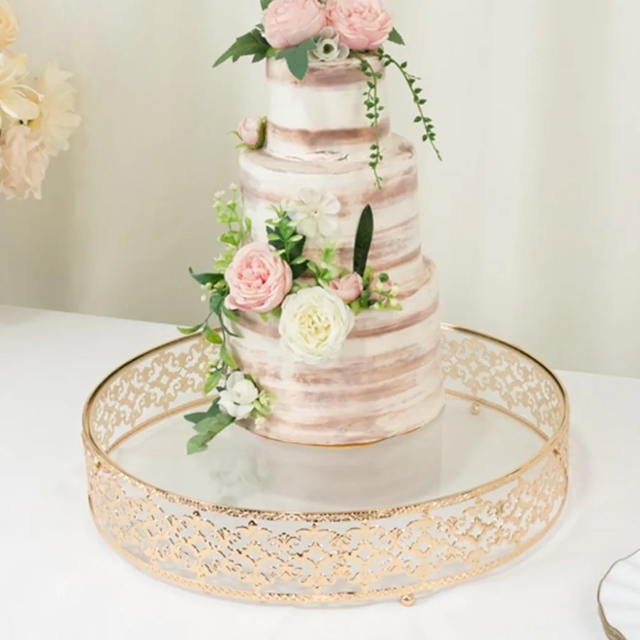 

Cake Stand in Gold Baroque Ornate with Glass Top Round Dessert Display Tray 18"