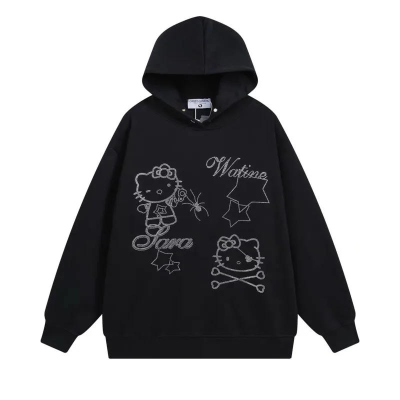 Hello Kitty Niche Hoodies Black Sweatshirt For Women Autumn Winter American Style Y2k Spicy Girl Loose Casual Versatile Pullover