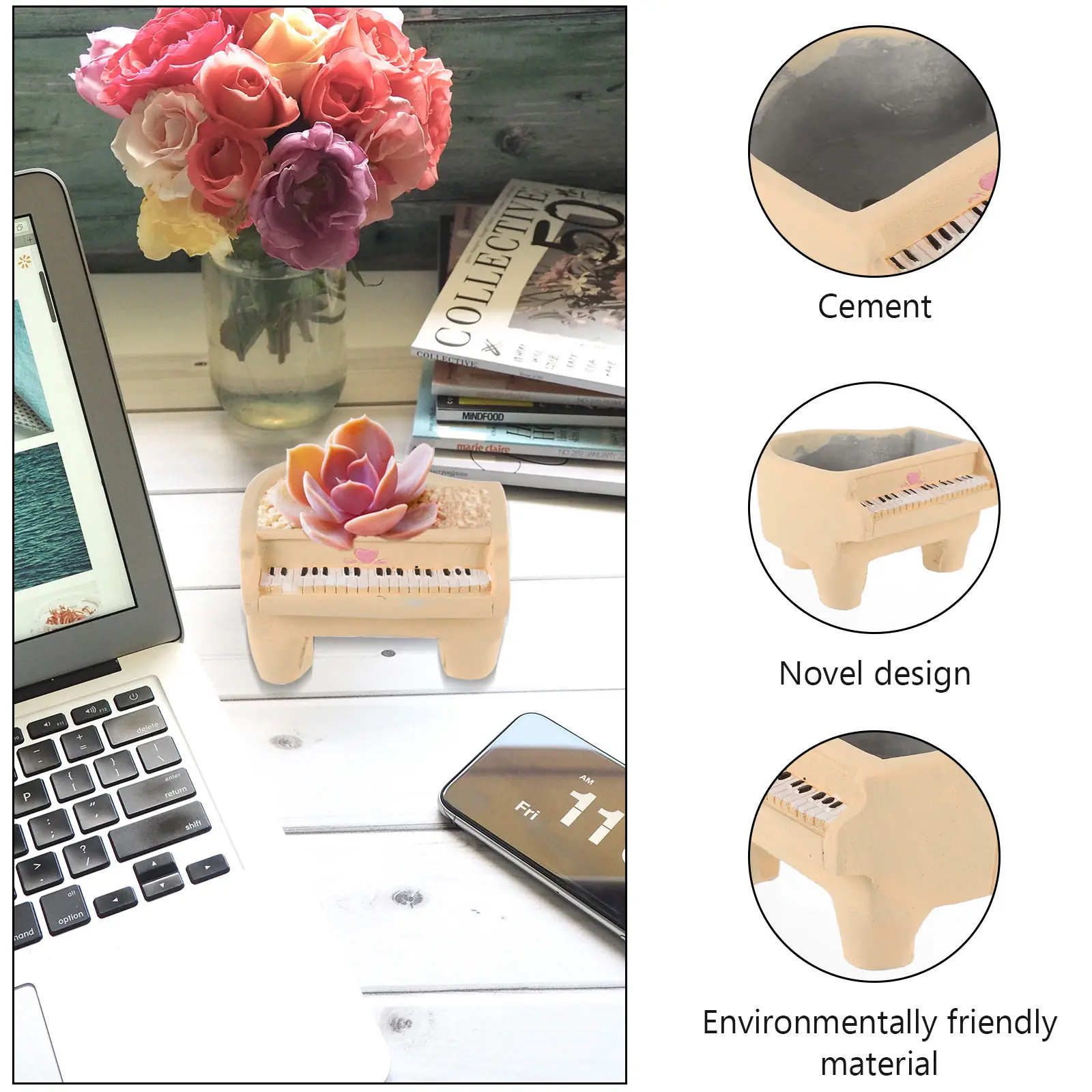 Mini Bonsai Flowerpot Cement Material Exquisite Workmanship Yellow Piano Note Design Succulent Plants Container Balcony Office