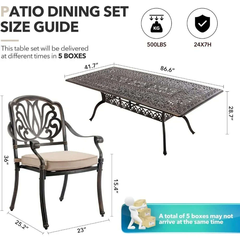 Outdoor Dining Set,includes 86.6’’ Rectangular Table and 8 Chairs with Cushion and Umbrella Hole,Aluminum Retro Patio Dining Set