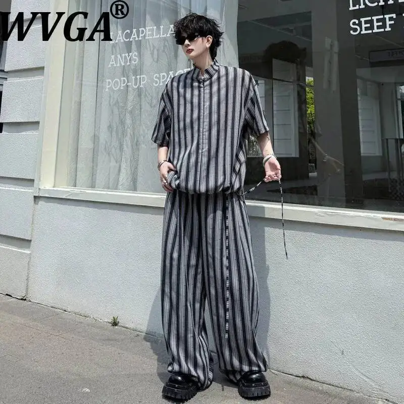 

WVGA 2026 Summer New Men Two-piece Set Striped Patchwork Pullover Short-sleeve Shirt Niche Chic Casual Wide-leg Pants Ins W24315
