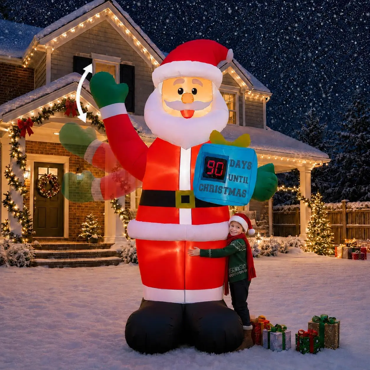 10FT Christmas Inflatable Waving Santa with Christmas Countdown, LED-Lit Outdoor Blow-Up Yard Decoration for Xmas Lawn, Garden, Porch, Party, Holiday, Home Display Decor, Built-In Lights
