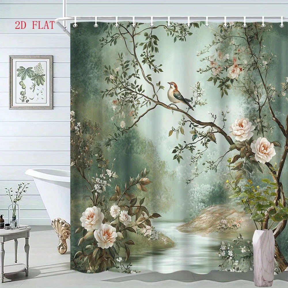 Realistic Floral Garden Shower Curtain Waterproof Bathroom Decor Curtain for Master Bath Tropical Spring Scene