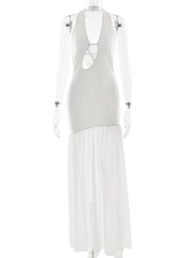 Sibybo Sexy Hollow Out Sleeveless Maxi Dress Women Halter V Neck Backless Patchwork Bodycon Elegant Dresses Female Party Vestido