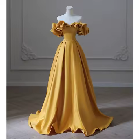Off Shoulder Satin Yellow Temperament A Version Light Luxury Banquet Evening Dress High-end Art Exam Host Dress Customized