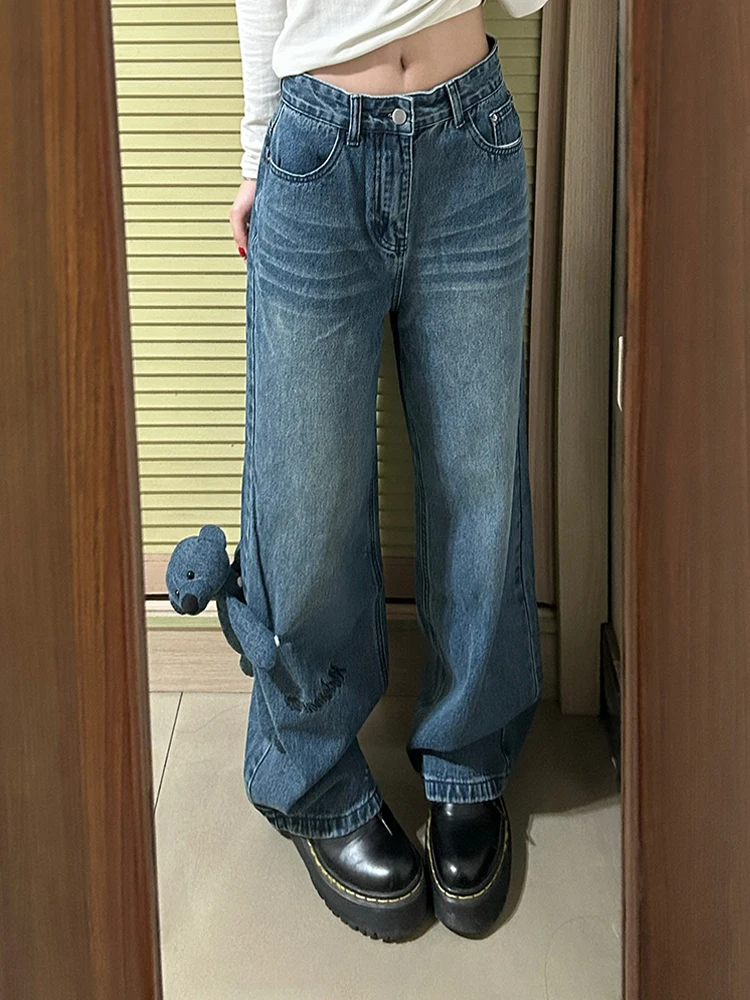 

American Style Spicy Girl Design Bear Patchwork Loose Women's Jeans Vintage Lazy Style Floor-Length Pants Natural Waist