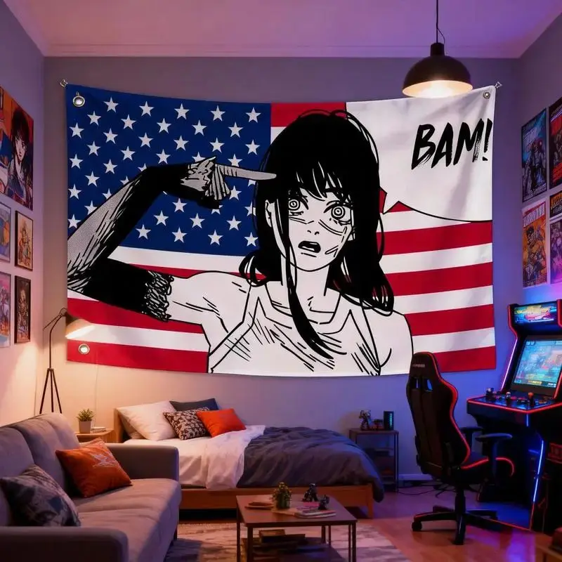 Anime Girl Against the Knife BAM Wandteppich mit amerikanischer Flagge, Action-Wandkunst für Schlafzimmer, Wohnheim, Musik, Esports-Raum