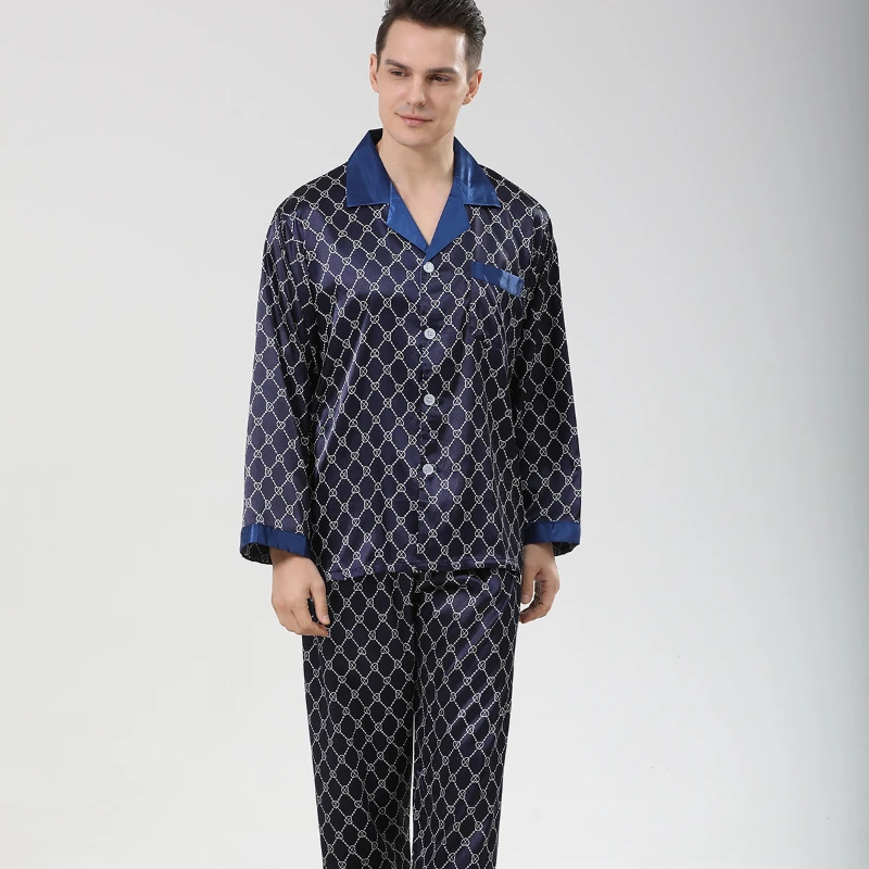 Printed Silk Pajamas for Men Sleepwear Cozy Soft Smooth Silk Long Sleeve Nightgown Tops Trousers Two Pieces Mens Pajama Set