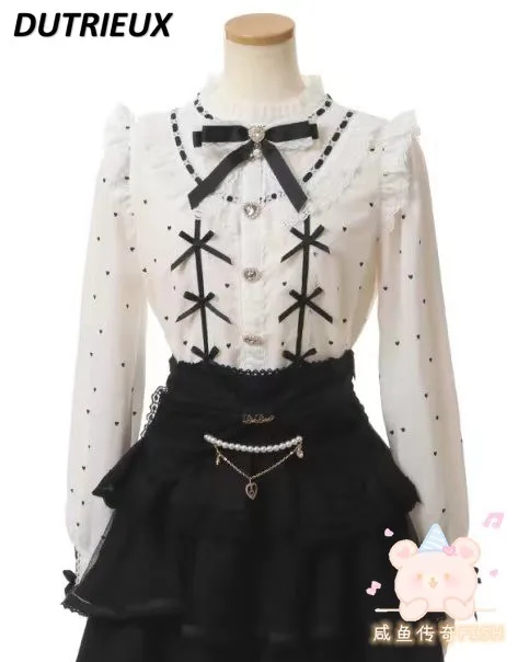 Imagem -03 - Camisa de Manga Comprida Estampada com Coração Feminino Blusa de Costura com Laço Doce Série Mina Lolita Japonesa Primavera Novo Produção em Massa 2024