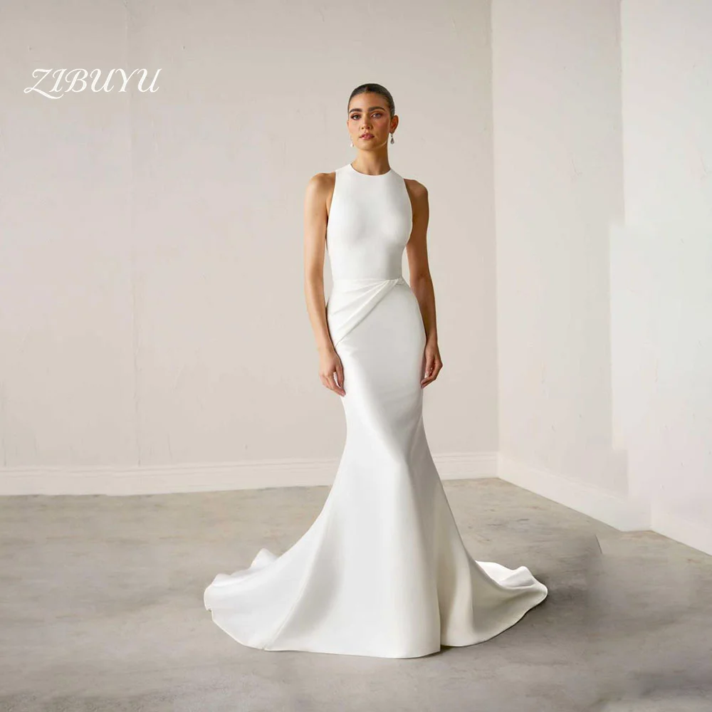

ZIBUYU Customized Elegant Luxury Wedding Dress Sleeveless Round Neck Open Back Satin Ruched Bodice Mermaid Simple Bridal Gowns