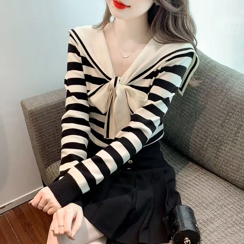 Sailor Collar Knitted Long Sleeve Shirt 2023 New Spring Autumn Long Sleeve Striped knit T-shirt Student Preppy Top Casual Blous