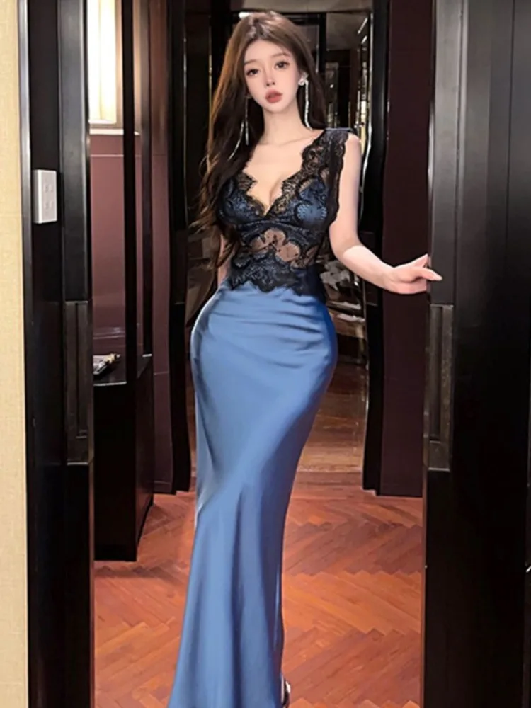 

Ele Satin Long Dr Sexy Lace Trim V-Ne Wrap Body Contouring Strap Gown for Women High Waist Soft Medium Stretch Summer