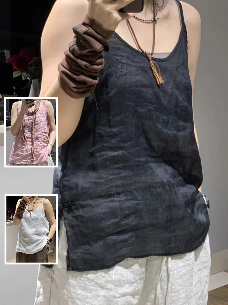 

Breathable Lightweight Cotton Linen Casual Side Split Inner Wear Slimming Versatile Tank Top for plus Size Women