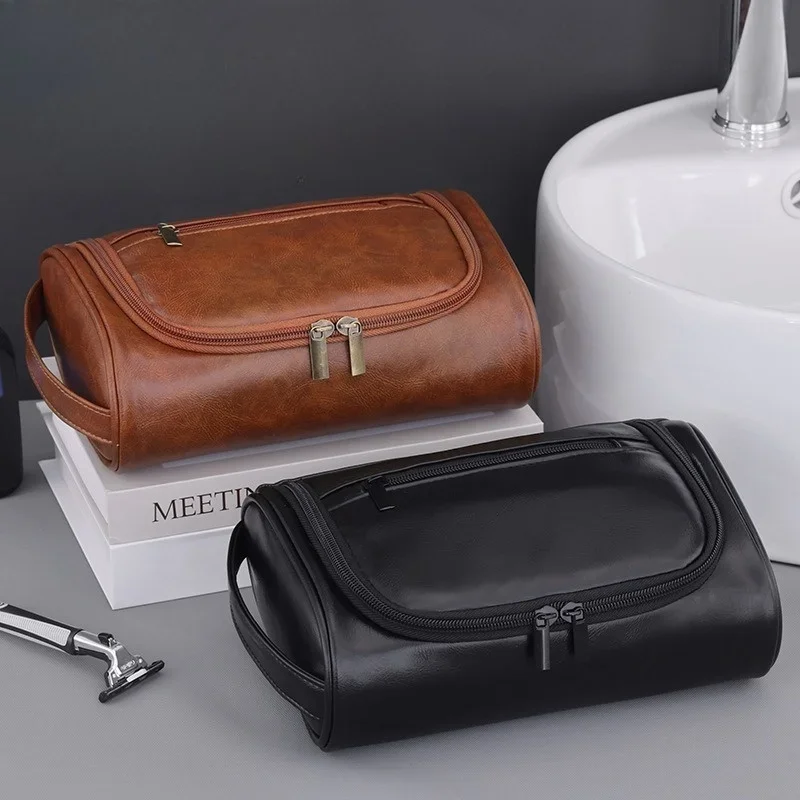 Large Capacity Men Leather Wash Bag Travel Business Trips Portable Cosmetic Bag Multi Pocket Design Handheld Leather Wash Bag LI