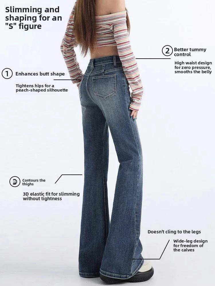 بالإضافة إلى حجم خمر Fce اصطف Thiened مايكرو متوهج الجينز المرأة الخريف الشتاء عالية الخصر سليم مستقيم الساق حافر السراويل