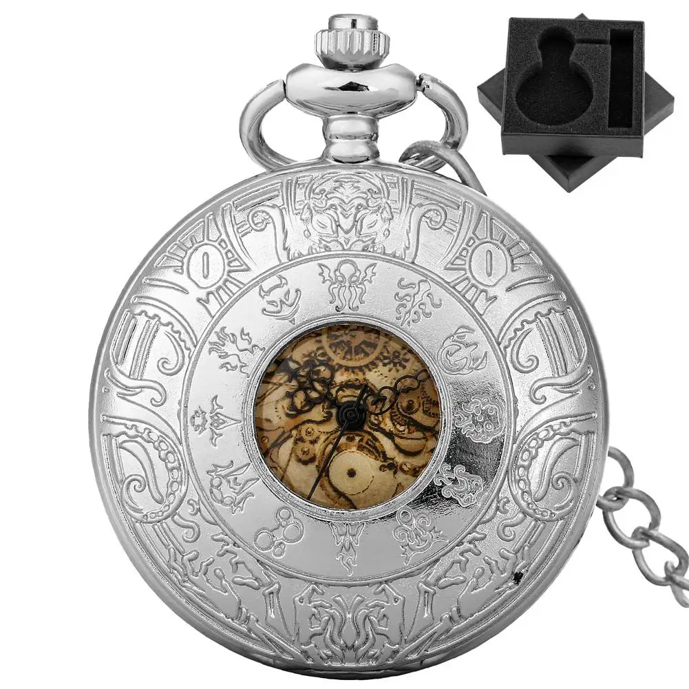 

Retro Hollow Silver Quartz Pocket Watch with 30/80 cm Chain Pendant Roman Numerals Gearwheel Pattern Dial Pocket Clock Gift
