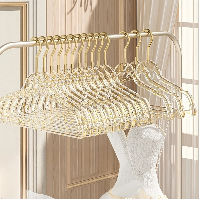 10Pcs Clear Clothes Hangers Acrylic Hanger Clothing Organizer Wardrobe Pants Coat Hanger Drying Rack Transparent Gold Hook