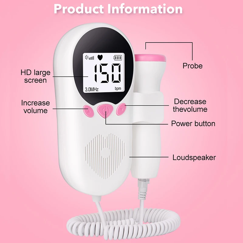 Monitor Fetal Doppler LCD de 3.0MHz, Estetoscopio Sónico Prenatal para el Hogar, Monitor de Frecuencia Cardíaca del Bebé para Mujeres Embarazadas