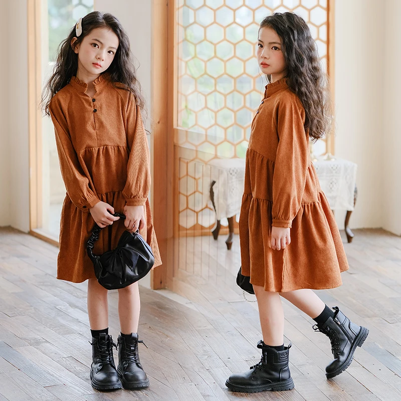 

Girls' Dresses, Autumn and Winter Korean Style Children's Clothing, Girls' Corduroy V Neck Cake Skirt, Forest Style Long-Sleeved Casual Skirt, Middle and Older Children