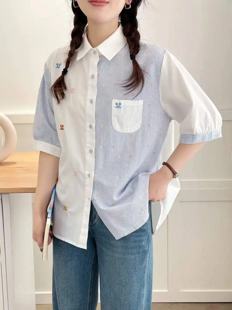 قميص قطني صيفي جديد بأكمام قصيرة لعام 2025 ، بلوزة نسائية مخططة بياقة مقلوبة ، بلوزة فضفاضة موري جيرل حلوة OL T57184CC