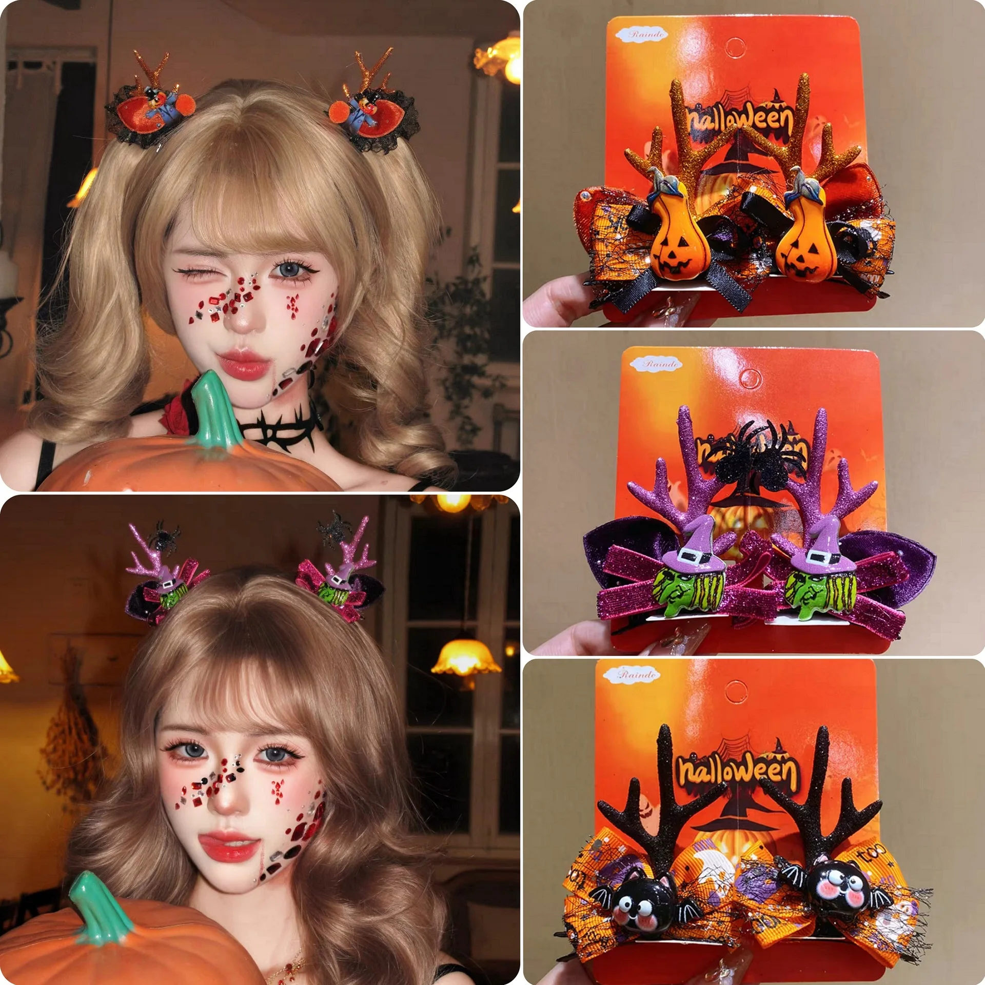 Halloween Pumpkin Hair Clips for Women Girls, Cute Antler Glitter Bow Hairpins Costume Party Masquerade Festival Barrette Grips
