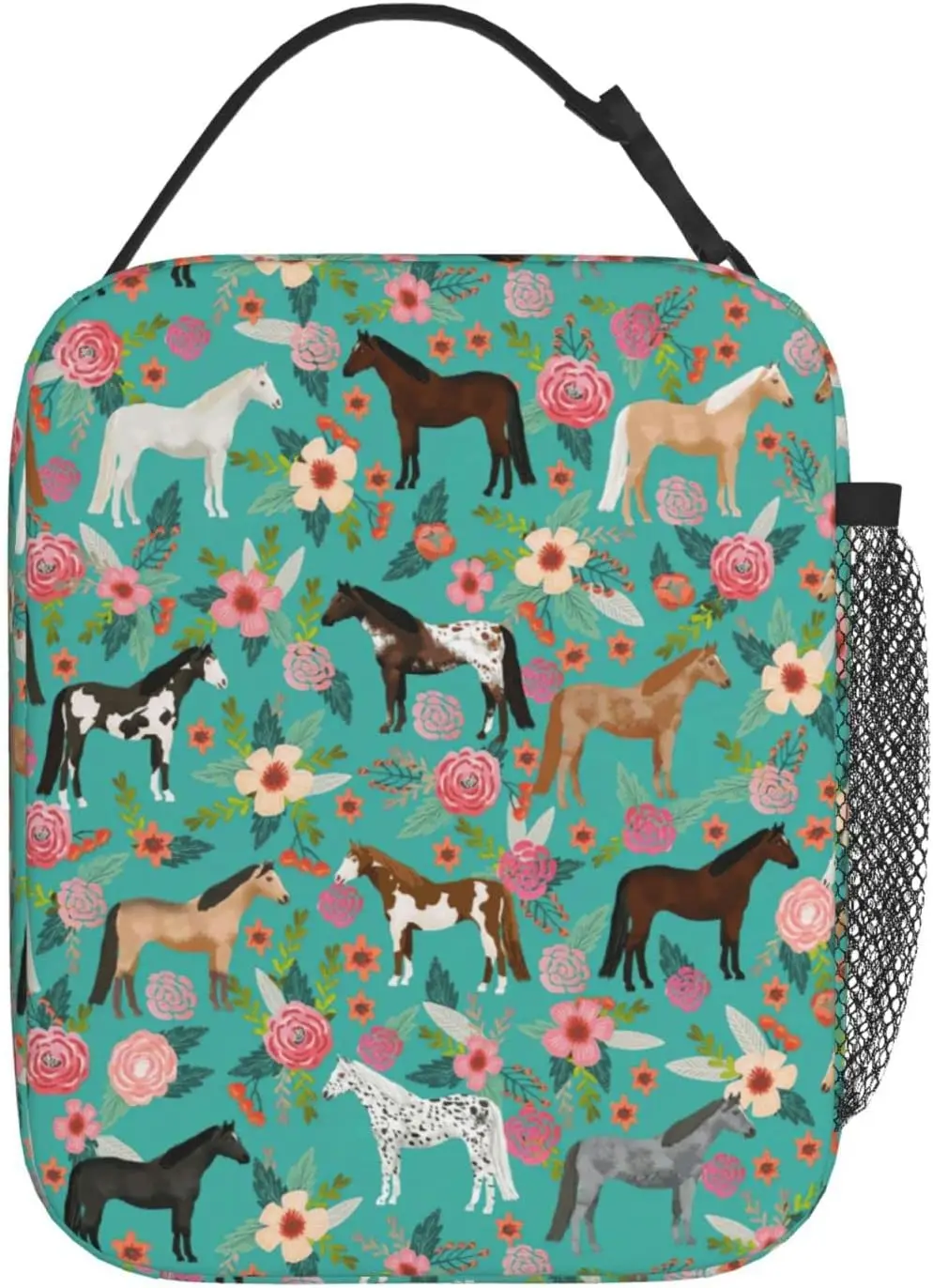 Horse And Flower Lunch Box Insulated Lunch Bags Zipper Lunch Bag Cooler Tote Bag For Teens Men Women Office Picnic