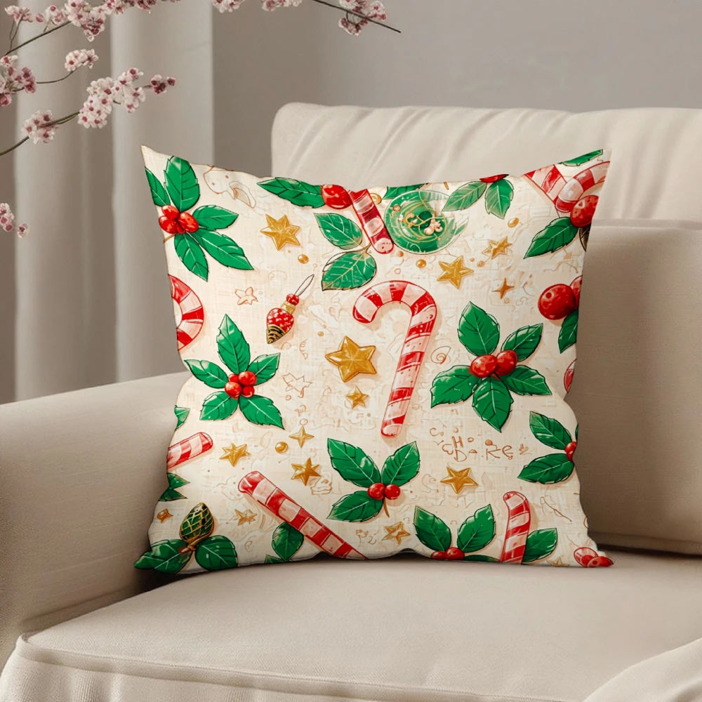 Christmas Throw Pillow Cover Cream Red Green Candy Cane Holly Berry Star Print For Sofa Chair Living Room Holiday Home Decor