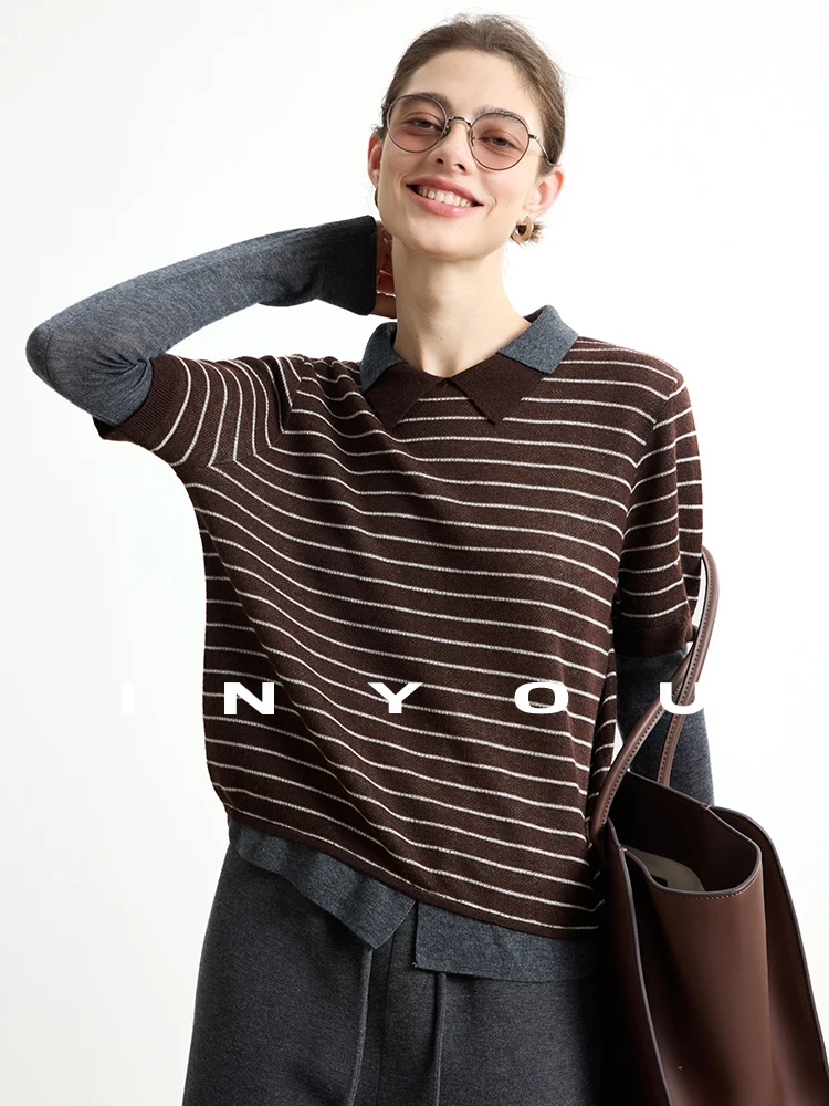 

Soft Woolen Stripe Knitted Sweater Women's Versatile Texture Fake Two-Piece Casual Wear Comfortable Fit Long Sve Ne
