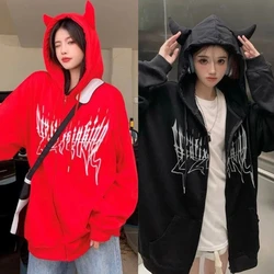 Women's Devil Wing Hoodies Girl Gothic Little Devil Horns Hooded Sweatshirt Casual Long Sleeve Pullover Tops Dropship