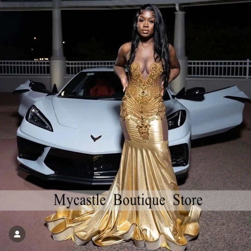 

Золотое длинное платье для выпускного вечера по индивидуальному заказу 2026 для черных девочек, расшитое бриллиантами и кристаллами, вечернее праздничное платье, Vestidos De Fiesta