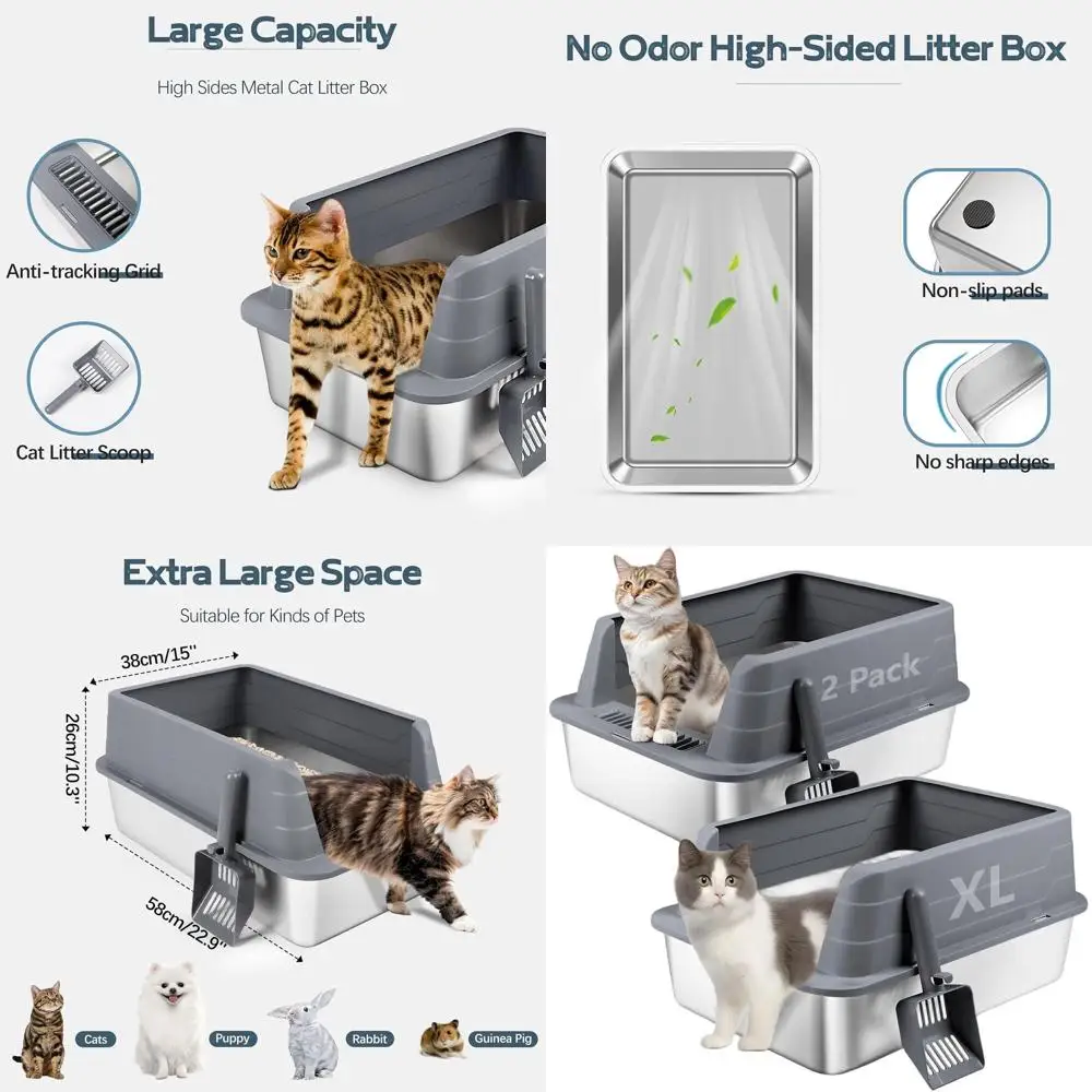 

Очень большой металлический лоток для кошек с высокими бортиками и совком, XL 22.9x15x10.3, легко чистится, защита от брызг, контроль запаха, не прилипает к поверхности, серый