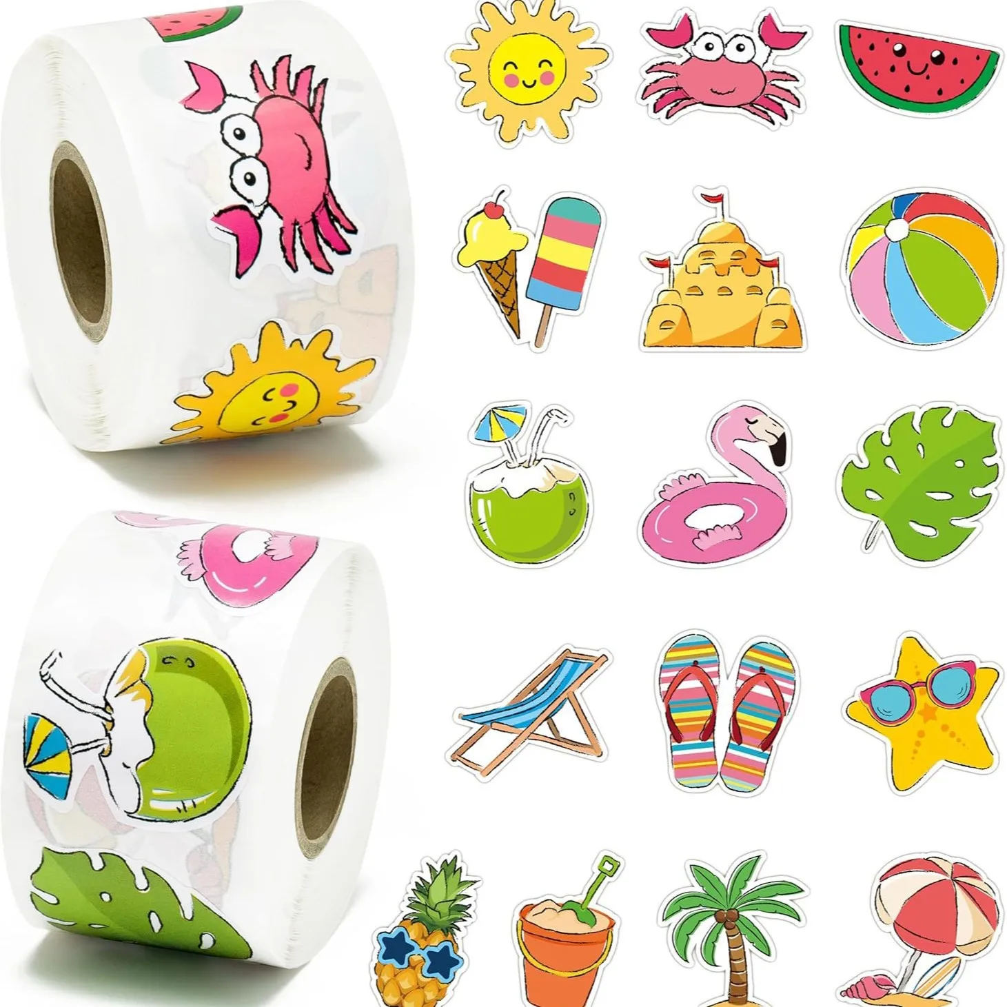 

500 stickers/roll Beach-themed shaped roll stickers 500-piece decorative gift box, non-adhesive coconut and pineapple stickers