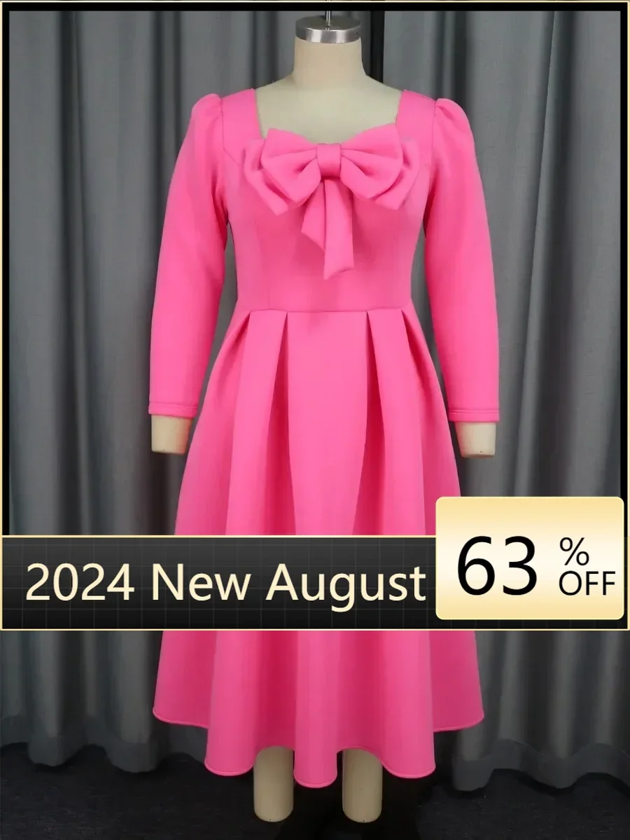 

Party A Line Dresses Women Fuchsia Square Collar Bow Long Sleeves Elegant Wedding Guest Gowns Formal Celebrate Event Robes 2024