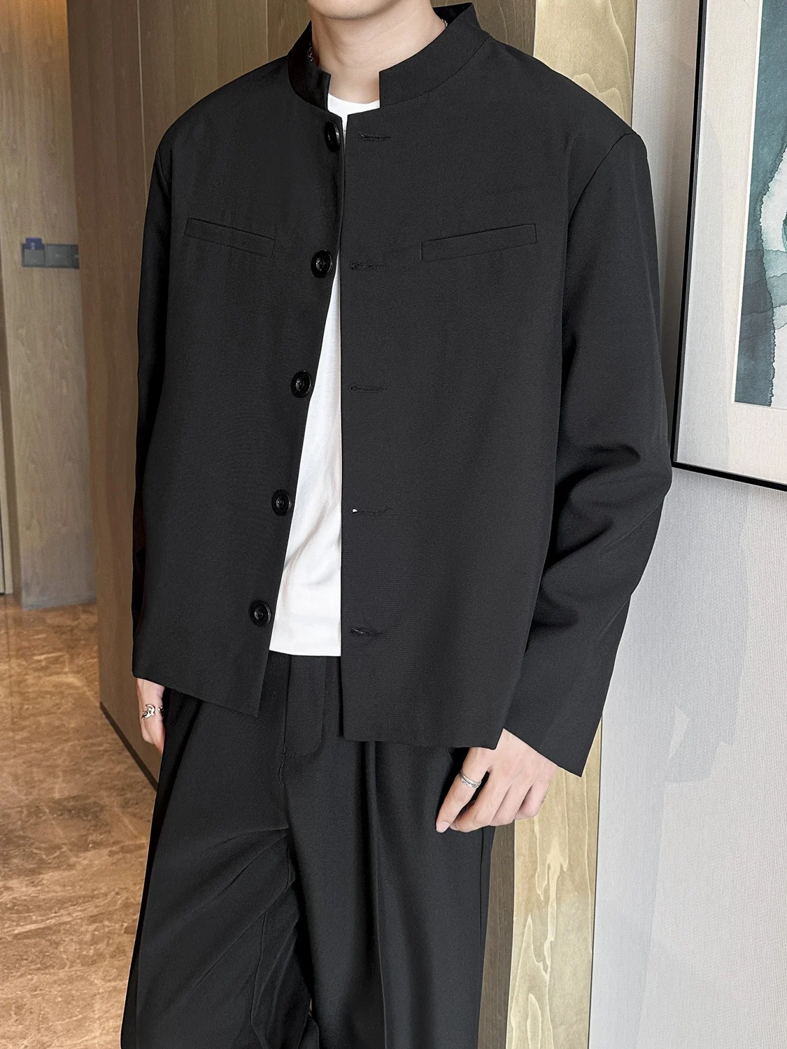 

New Design Chinese Sle Stand Collar Men's Casual Suit Jaet Large Size oulder Pad Faionable Urban Sle Long Sve Coat