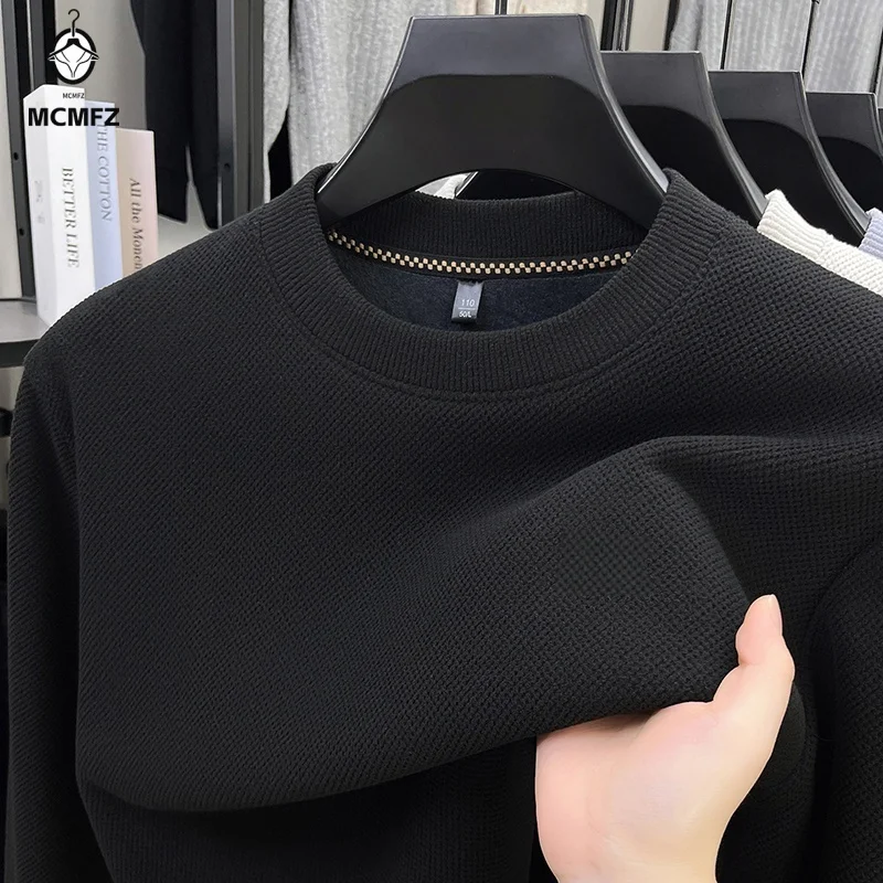 Mens Winter Leisure Knit Top Long Sleeve Round Collar Waffle Surface Fleece Lined Soft Warm Business Shirt