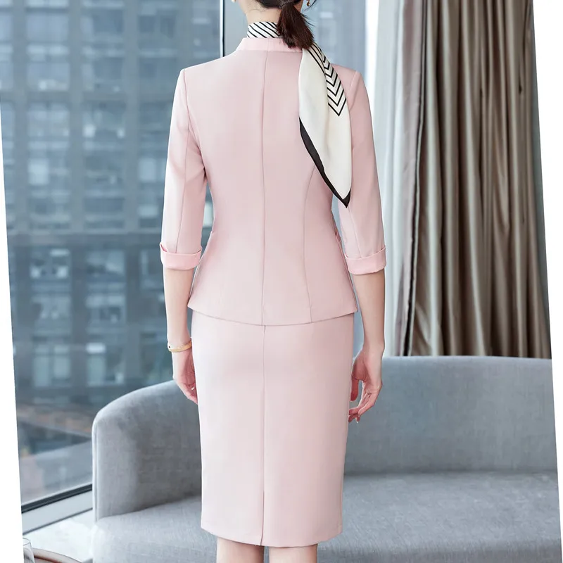 NAVIU Pink Women Suit Skirt Set Single Breasted Half Sleeve Blazer And Pencil Skirt Formal Office Uniform For Professional Women