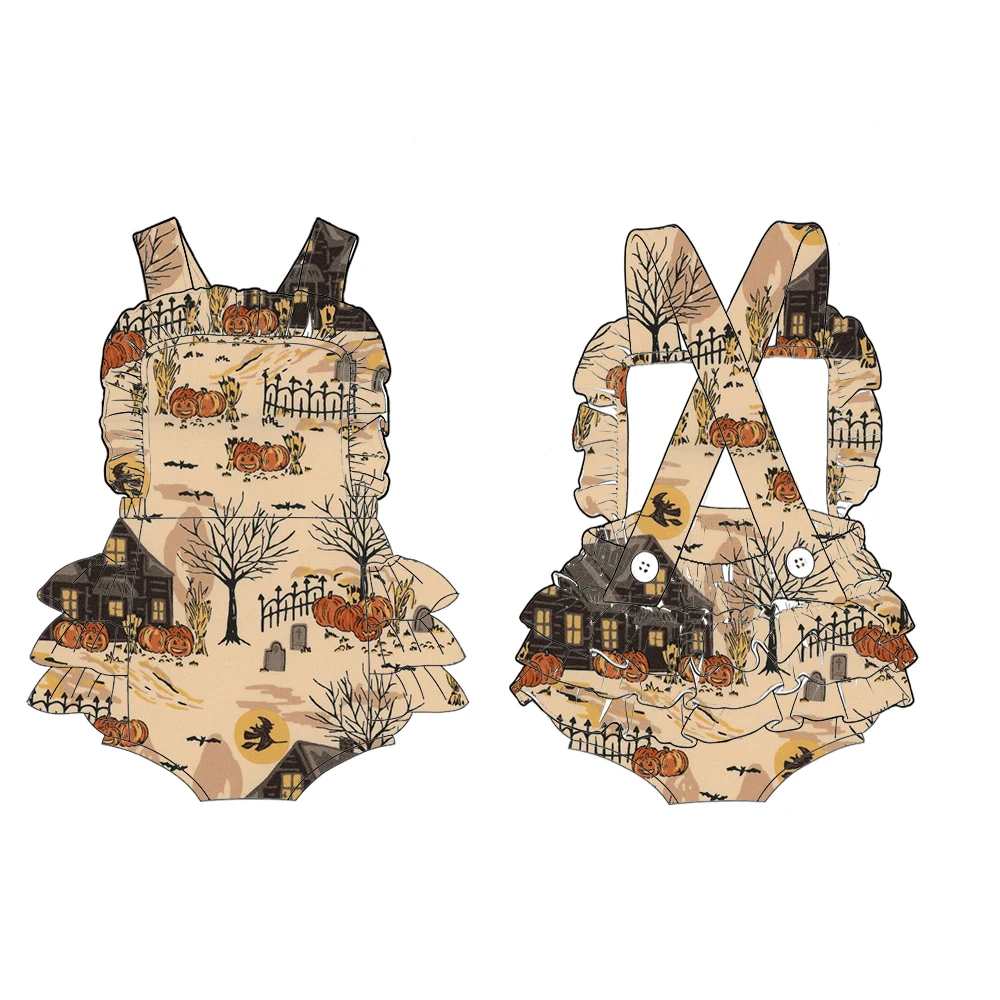 Boutique 3-layer ruffled bodysuit with sling adjustable buttons Halloween spooky pumpkin ghost print customizable