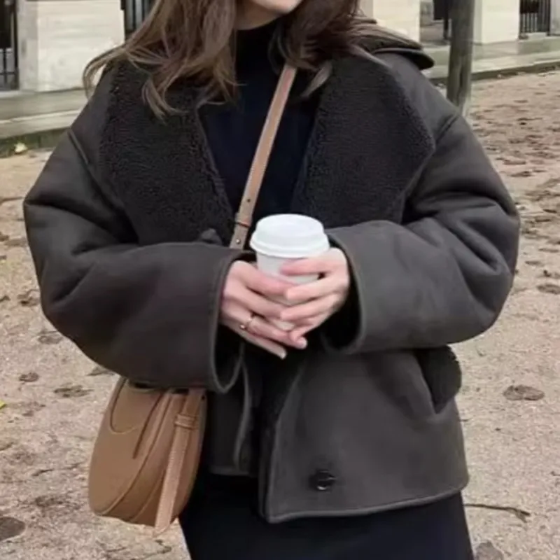 

2024, весенне-осенние новые женские повседневные свободные куртки из овчины, пальто с остроконечными лацканами, двусторонняя теплая верхняя одежда, куртка