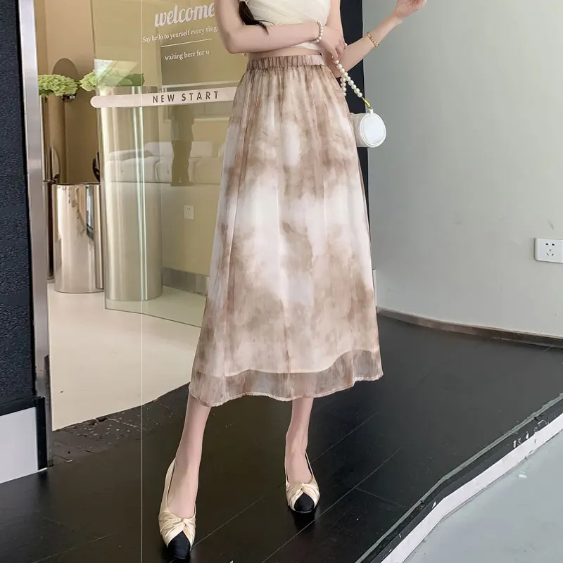 Koreanische Mode Krawatte Färbung Chiffon Voile Rock Frauen lässig elastisch hohe Taille Frühling Sommer Party Midi lange Röcke Damen