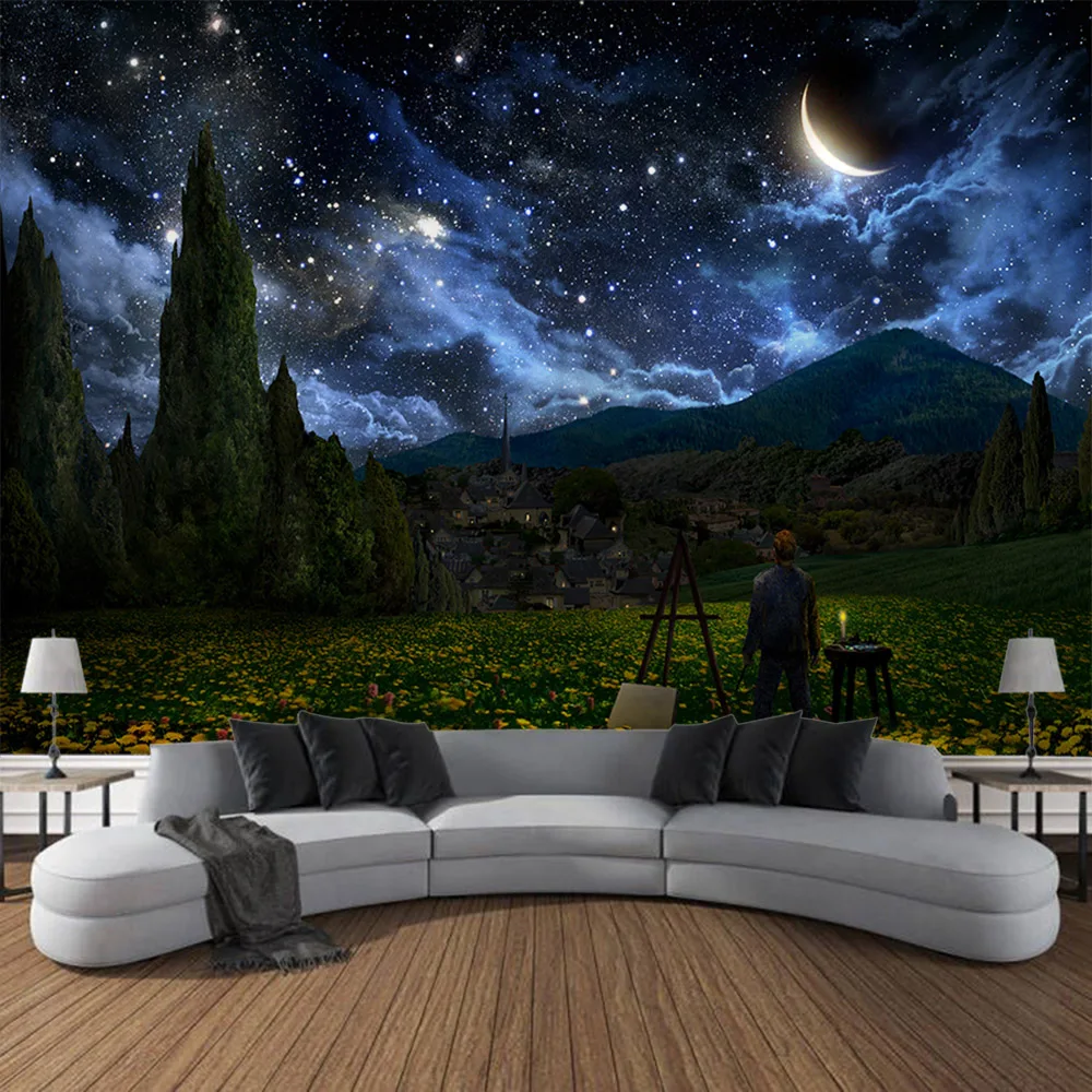 Aesthetic decorative tapestry, starry sky, forest night, Van Gogh oil painting, wall hanging, home decor, room background poster